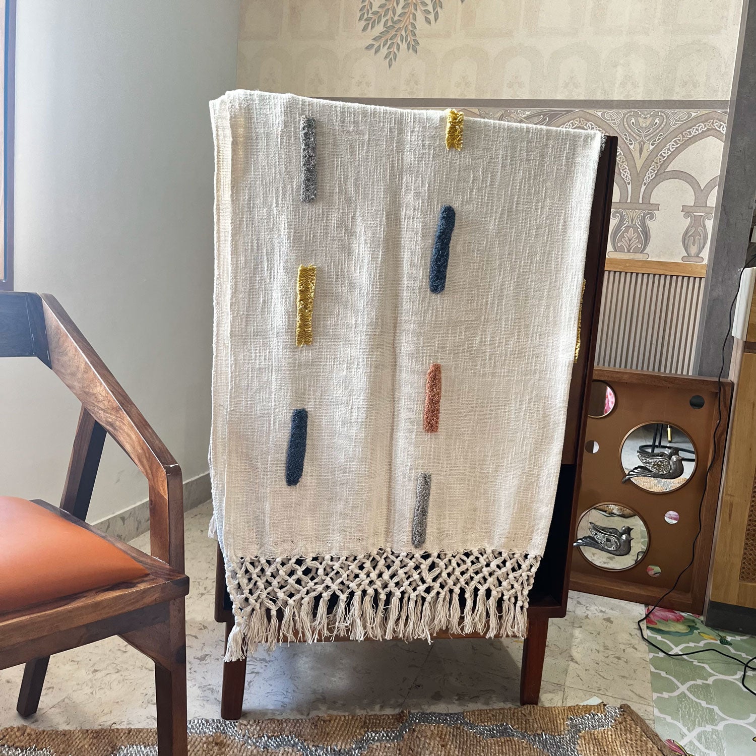 Multi Color Strip White Block Printed 100 % Cotton Throw - 60 inches x 48 inches