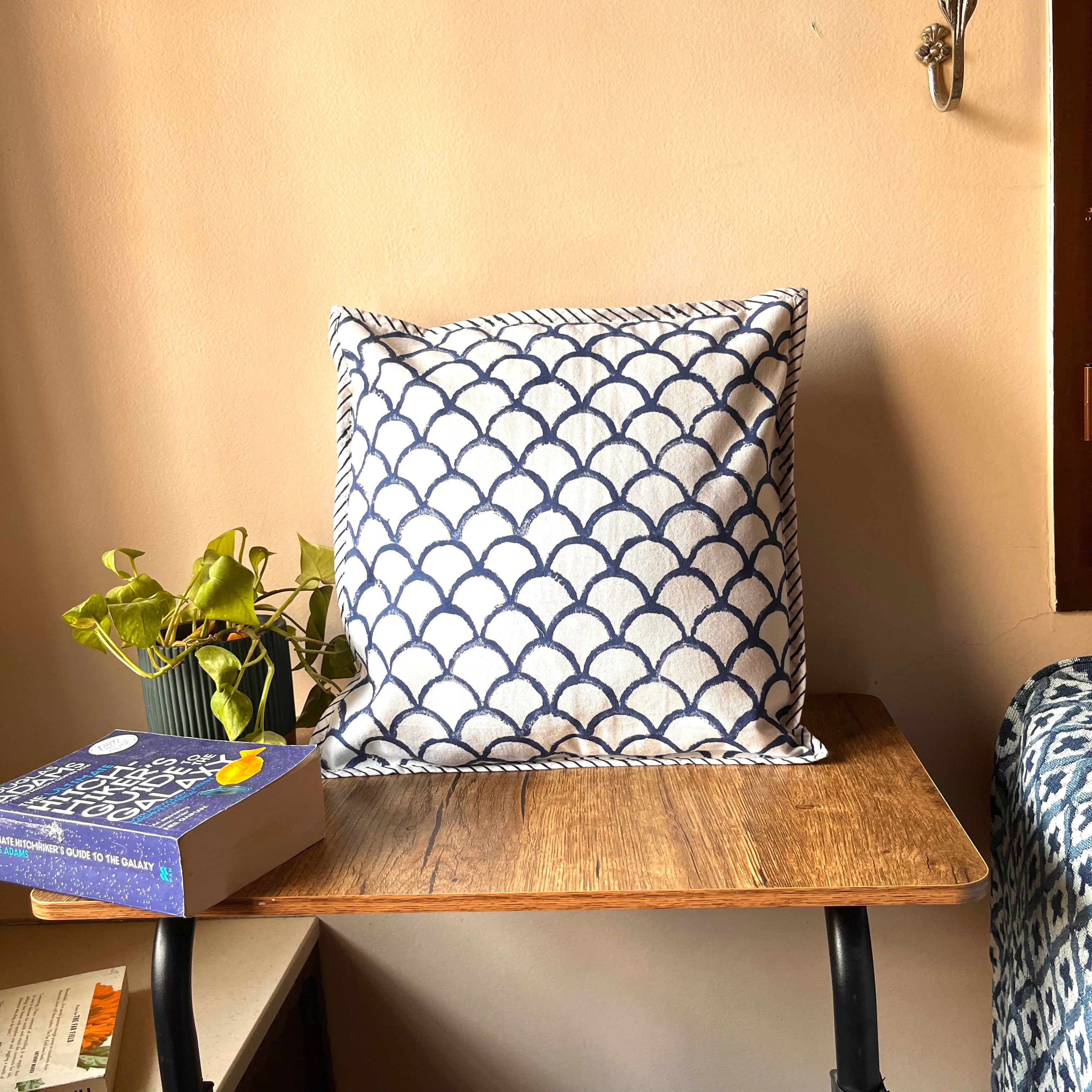 White & Blue Elegant Cotton Cushion Cover - 18 x 18 inches