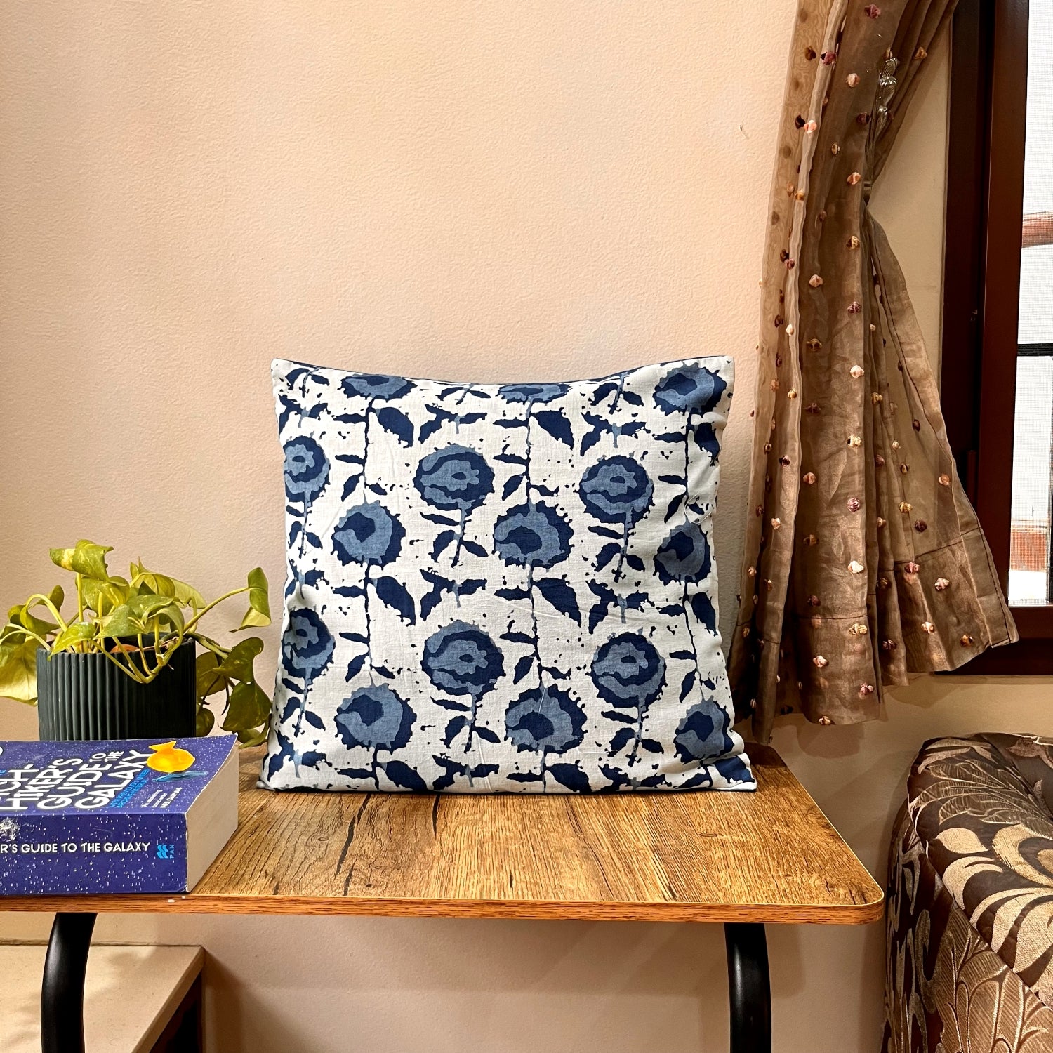 Blue Bloom Block Print Cotton Cushion Cover - 16 x 16 inches