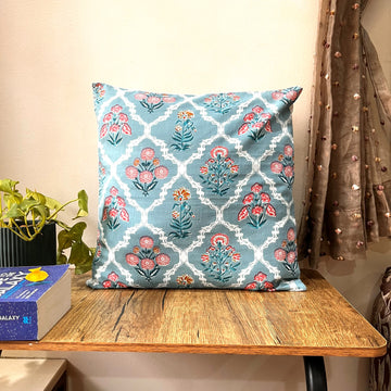Jaal Pattern Block Print Cotton Cushion Cover - 16 x 16 inches