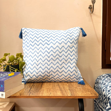 Blue Cheveron Quitled Block Print Cotton Cushion Cover - 16 x 16 inches