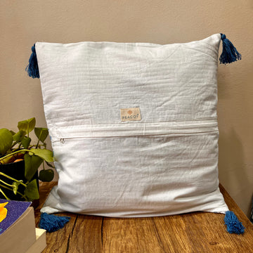 Blue Cheveron Quitled Block Print Cotton Cushion Cover - 16 x 16 inches