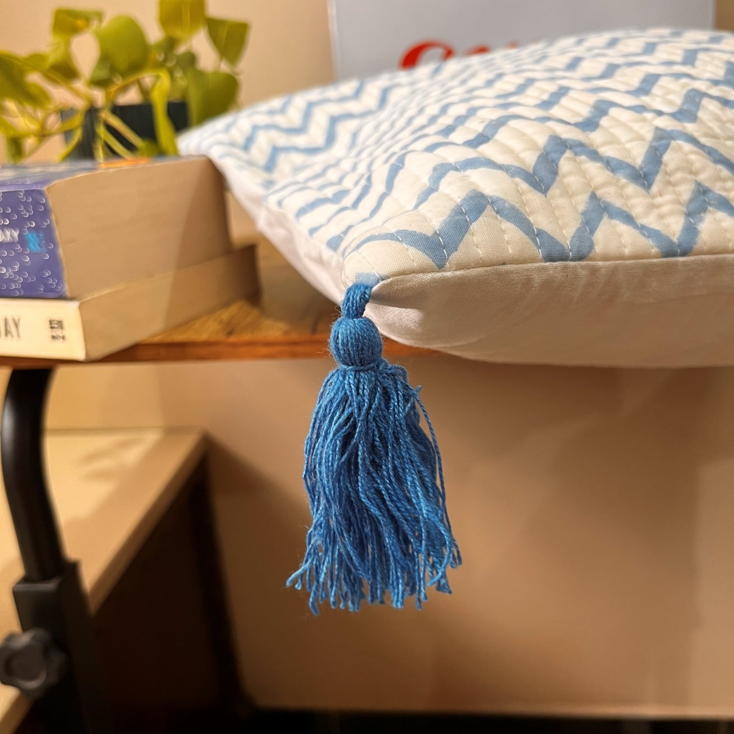 Blue Cheveron Quitled Block Print Cotton Cushion Cover - 16 x 16 inches