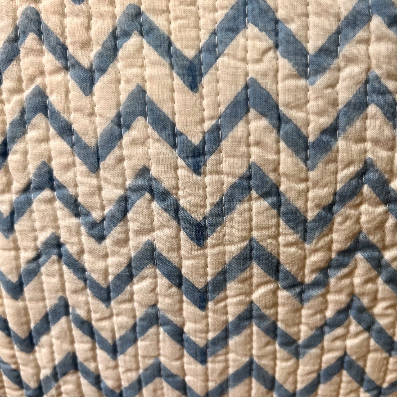 Blue Cheveron Quitled Block Print Cotton Cushion Cover - 16 x 16 inches