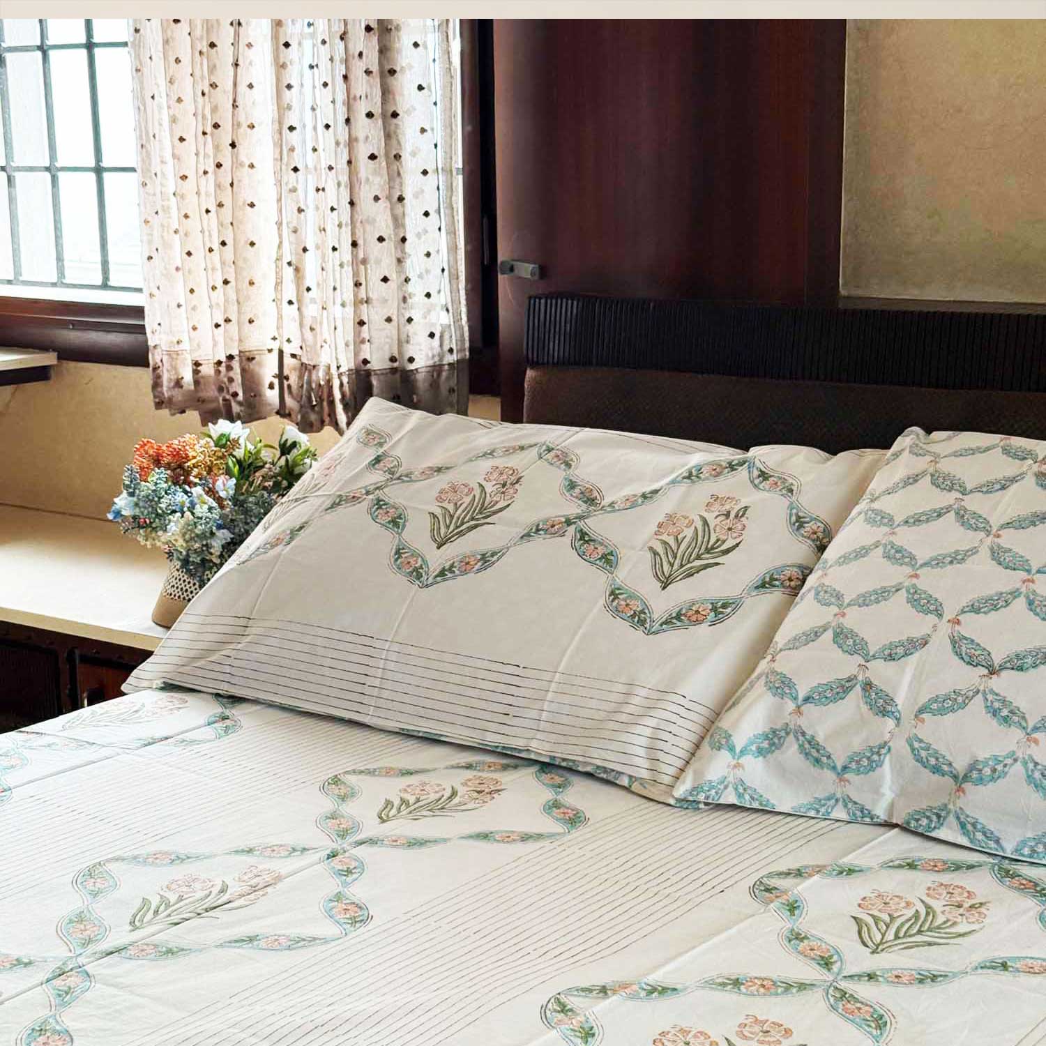 Pastel Green Floral Lattice Cotton Printed Bedsheet - 100 inches x 110 inches