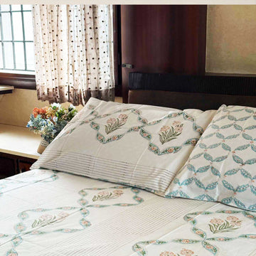 Pastel Green Floral Lattice Cotton Printed Bedsheet - 100 inches x 110 inches
