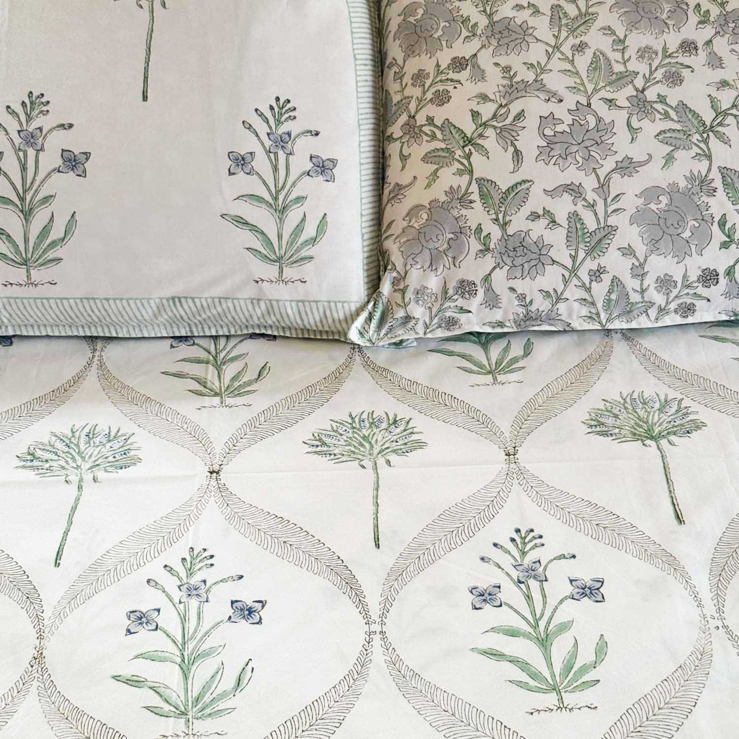 White Floral Block Print Cotton Printed Bedsheet - 100 inches x 110 inches