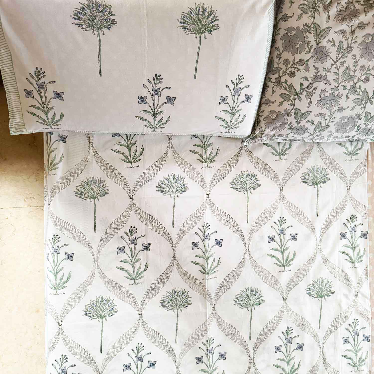 White Floral Block Print Cotton Printed Bedsheet - 100 inches x 110 inches