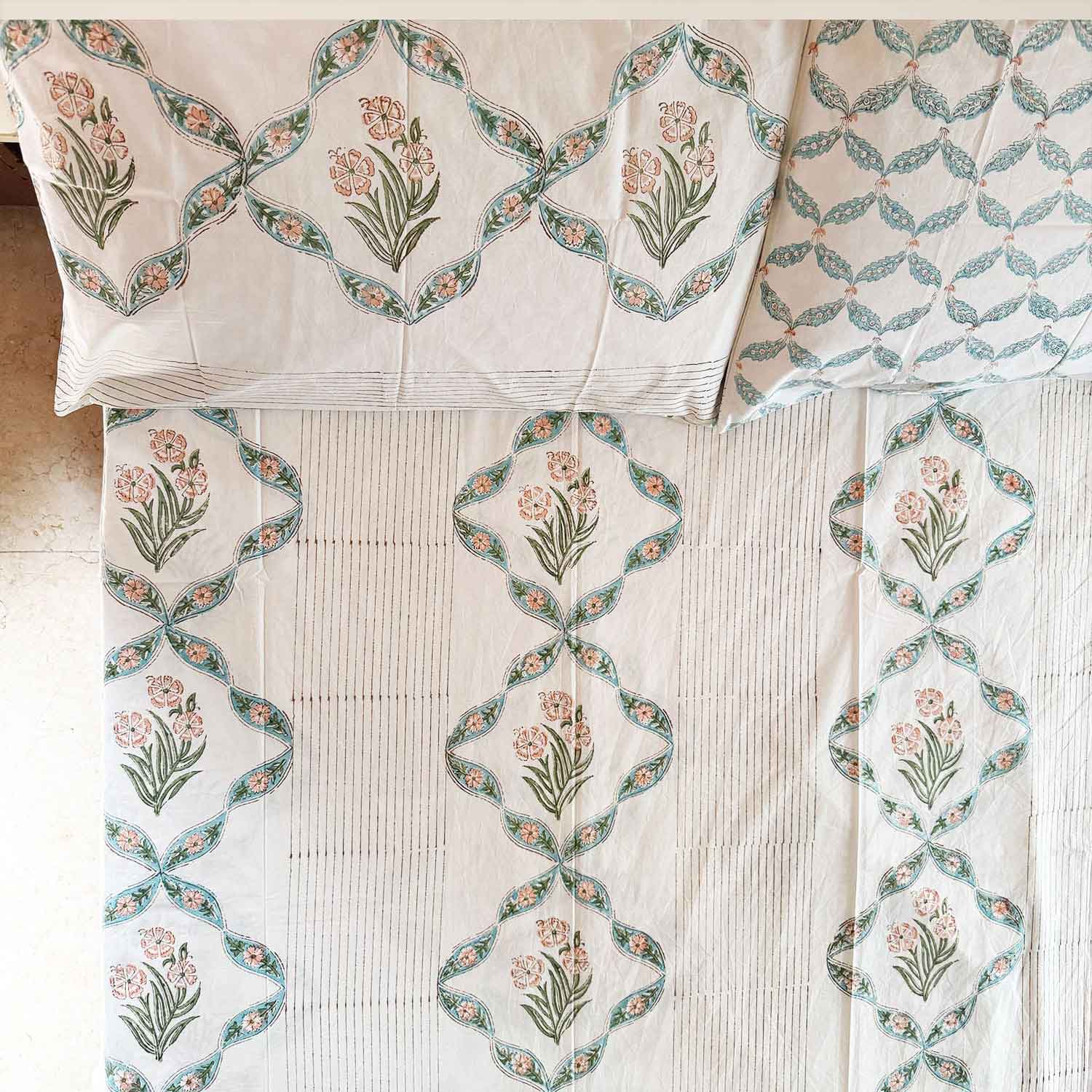 Pastel Green Floral Lattice Cotton Printed Bedsheet - 100 inches x 110 inches