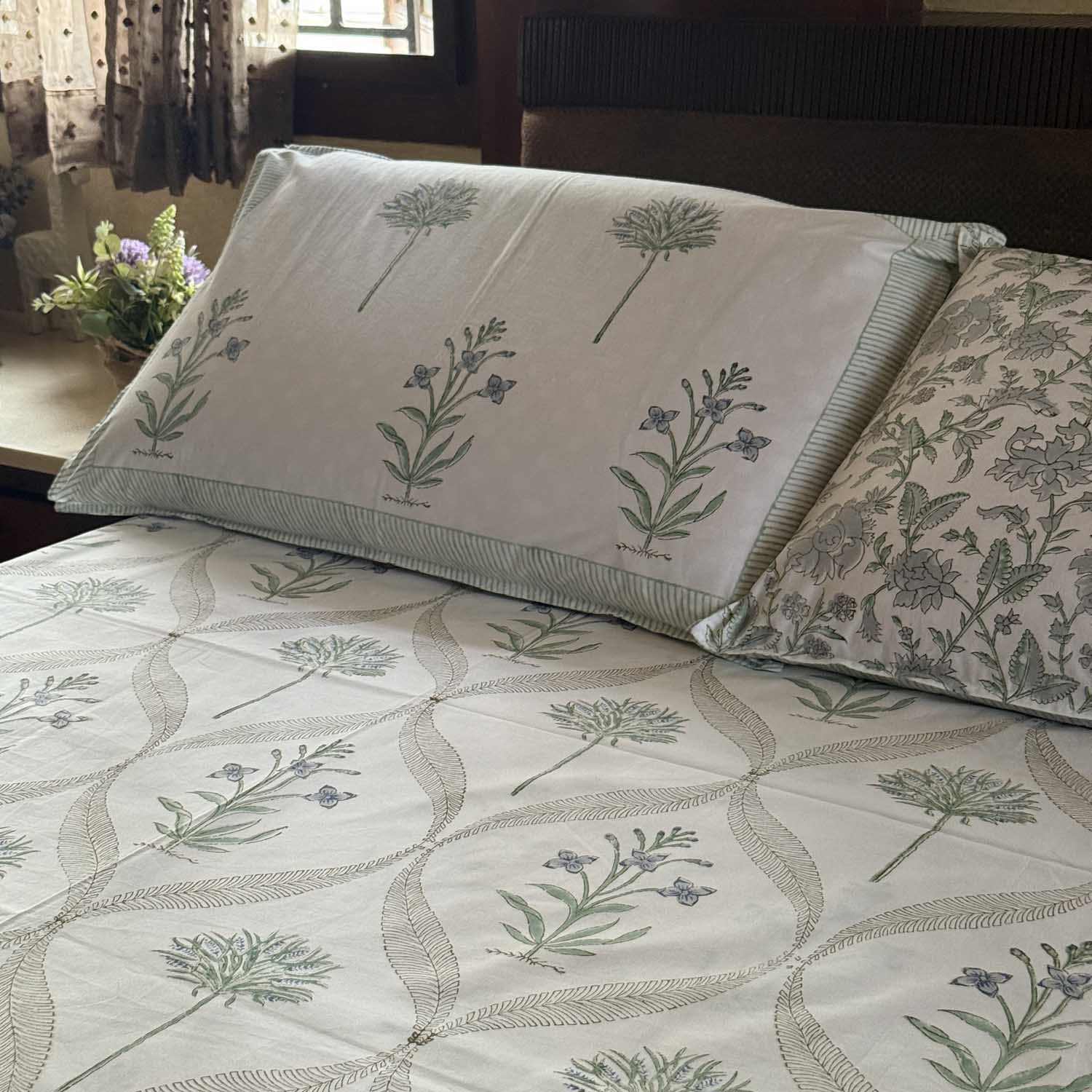 White Floral Block Print Cotton Printed Bedsheet - 100 inches x 110 inches