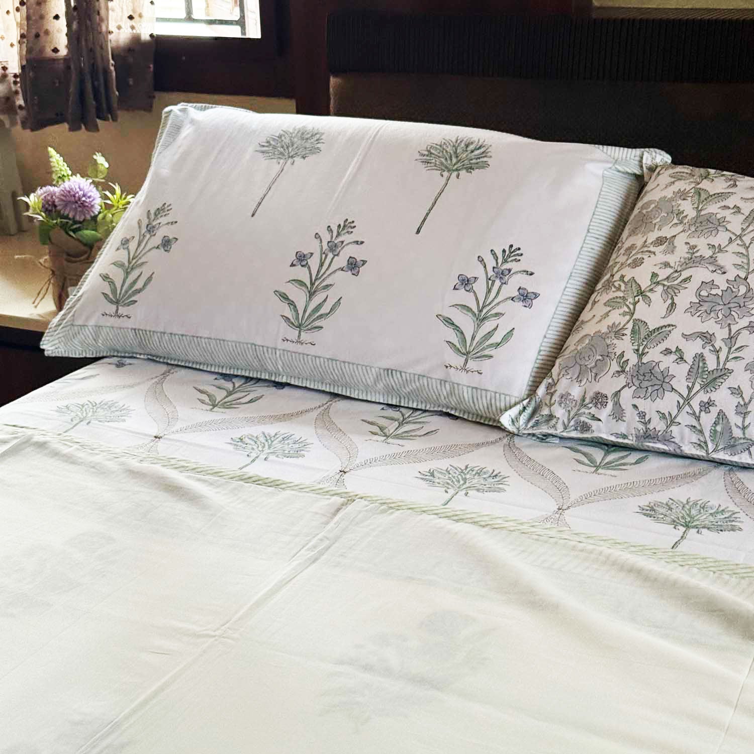 Pastel Green Floral Block Pattern Cotton Printed 3D Dohar - 100 inches x 110 inches