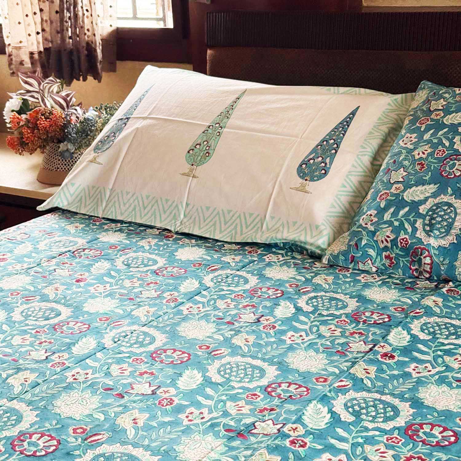 Blue Floral Motif Cotton Printed Bedsheet - 100 inches x 110 inches