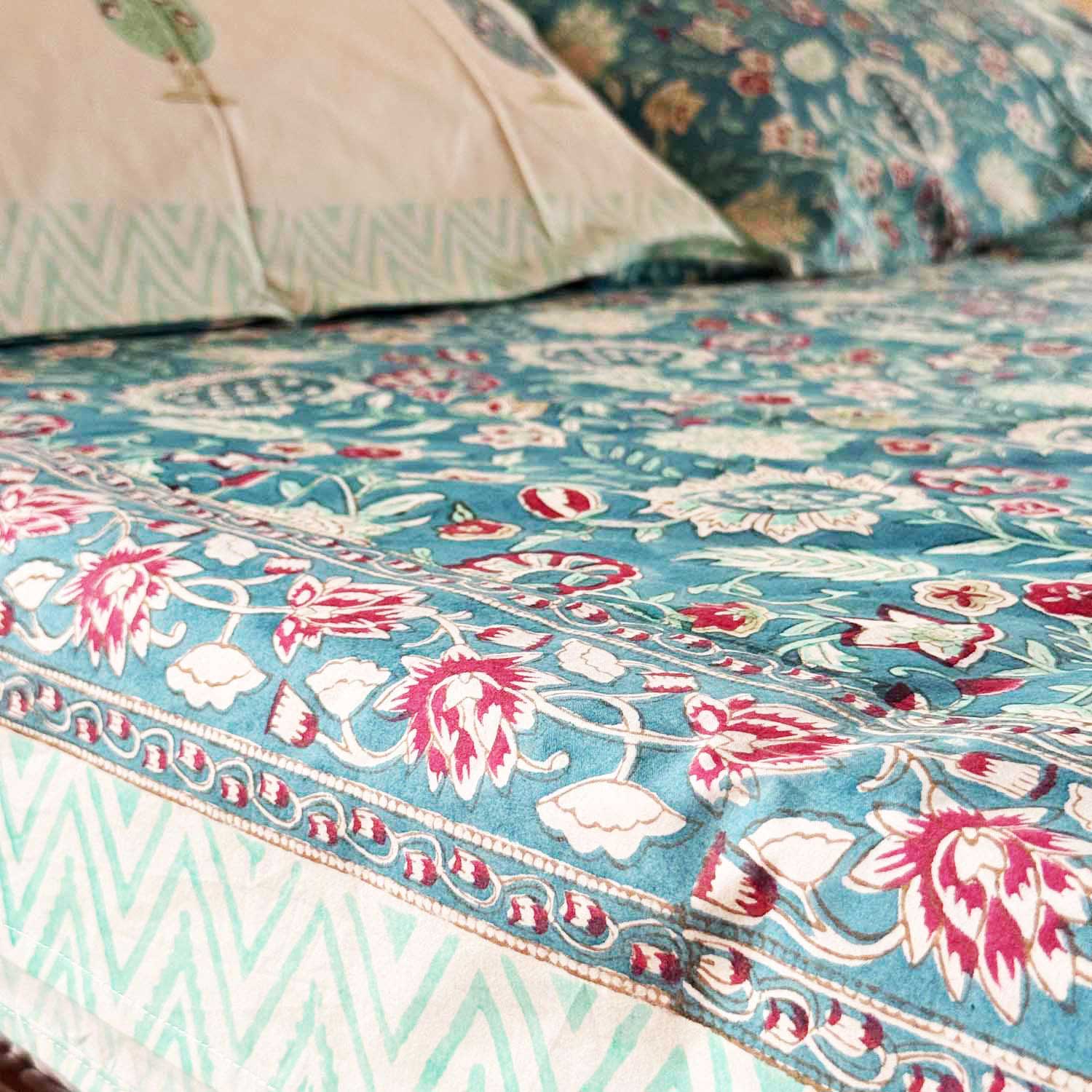 Blue Floral Motif Cotton Printed Bedsheet - 100 inches x 110 inches