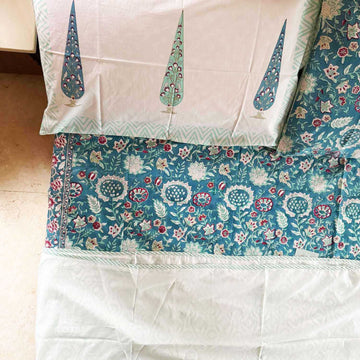 Pastel Blue Flower Pattern Cotton Printed 3D Dohar - 100 inches x 110 inches