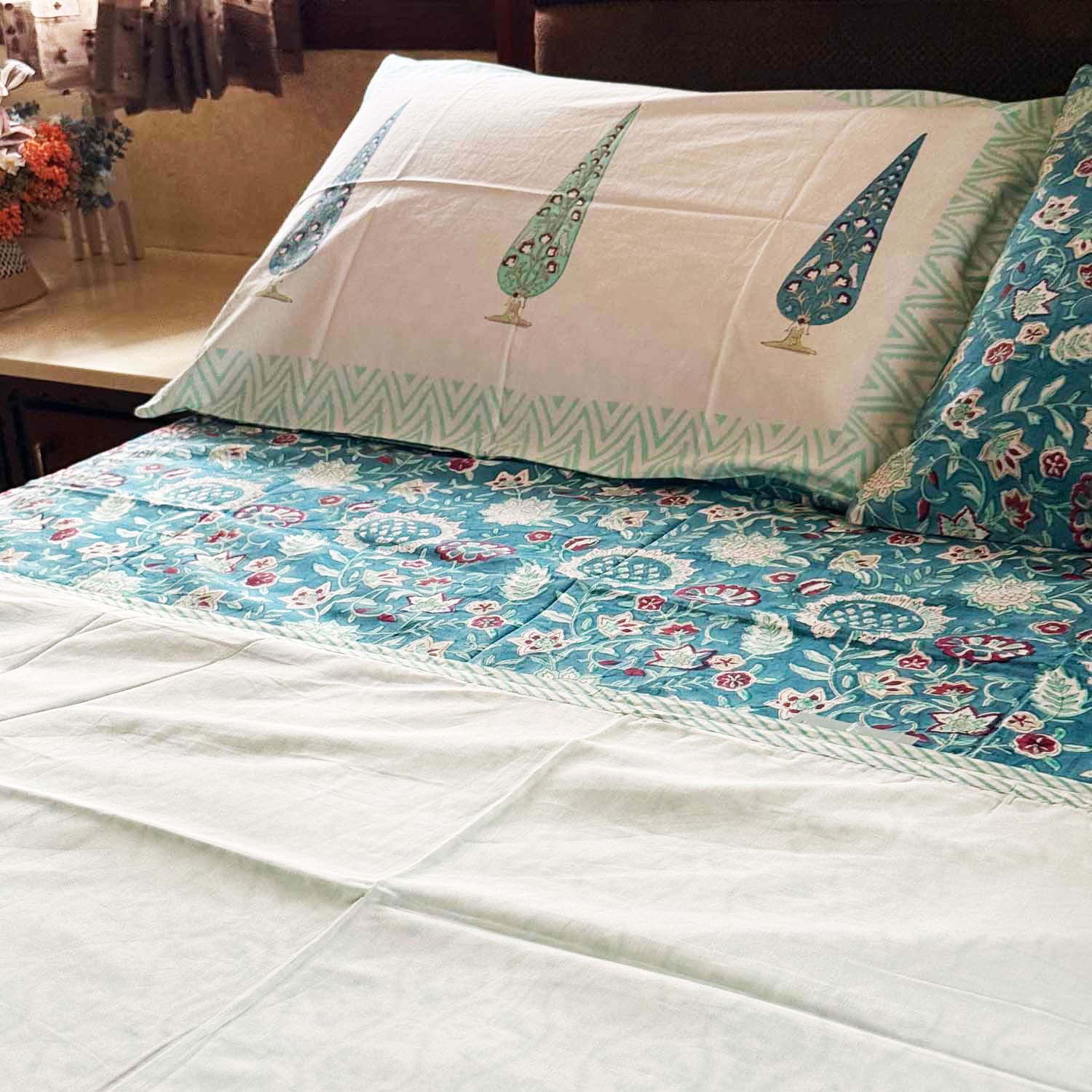 Pastel Blue Flower Pattern Cotton Printed 3D Dohar - 100 inches x 110 inches