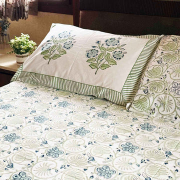 Pastel Green & Blue Floral Cotton Printed Bedsheet - 100 inches x 110 inches