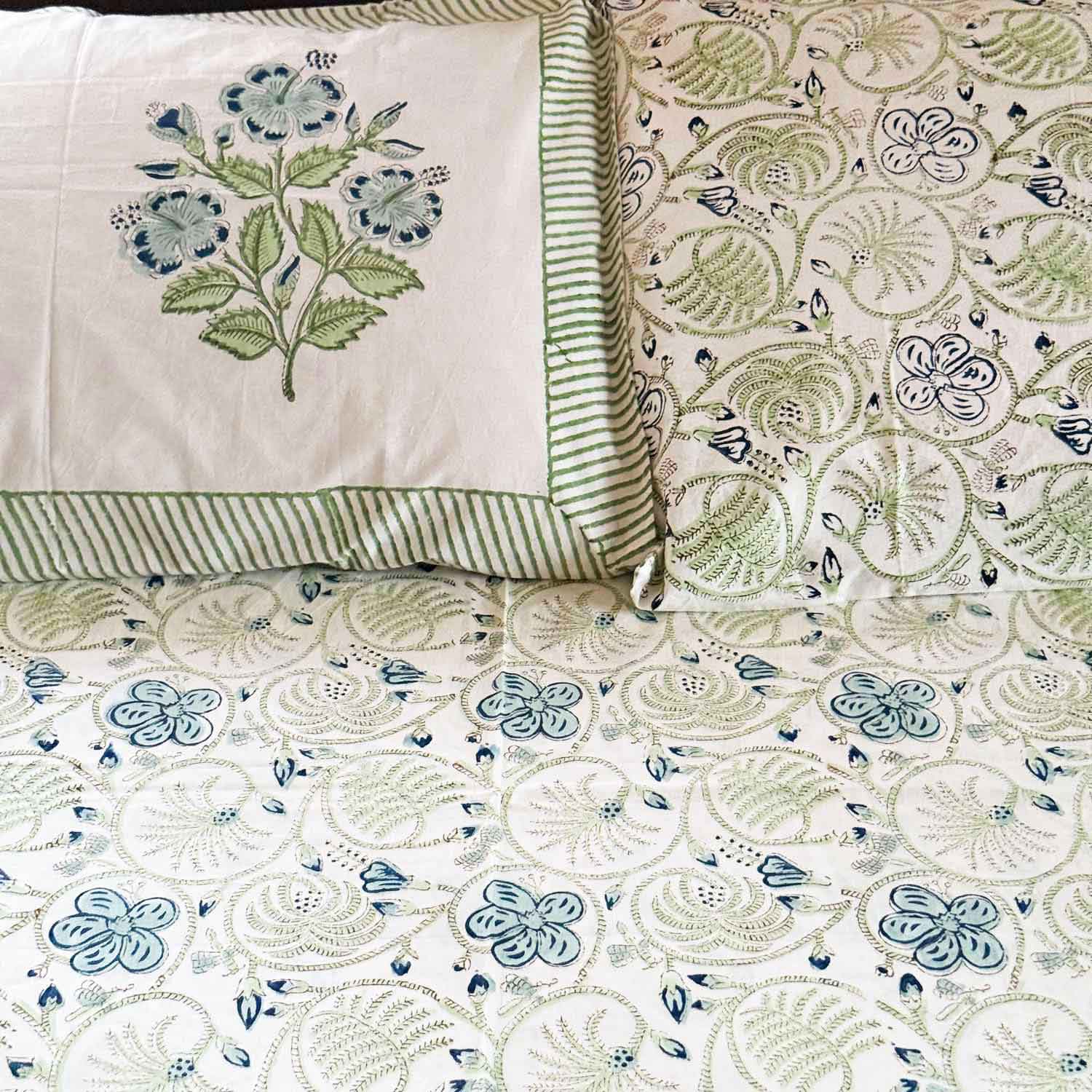 Pastel Green & Blue Floral Cotton Printed Bedsheet - 100 inches x 110 inches