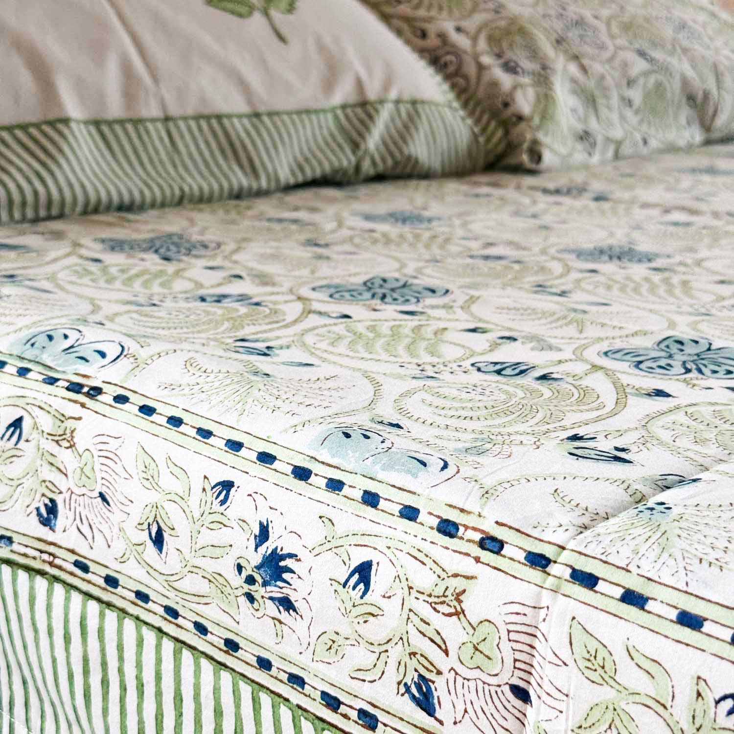 Pastel Green & Blue Floral Cotton Printed Bedsheet - 100 inches x 110 inches