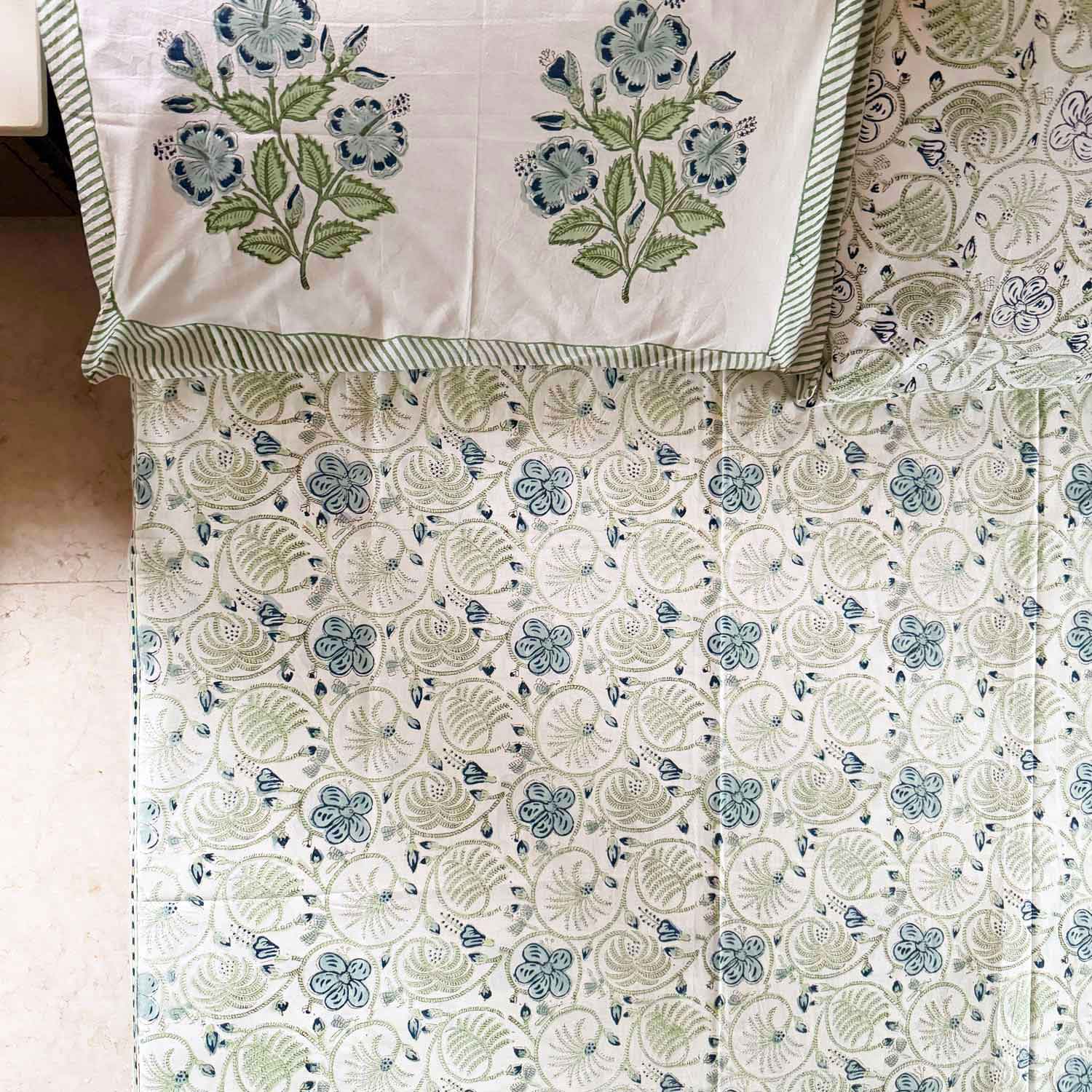 Pastel Green & Blue Floral Cotton Printed Bedsheet - 100 inches x 110 inches