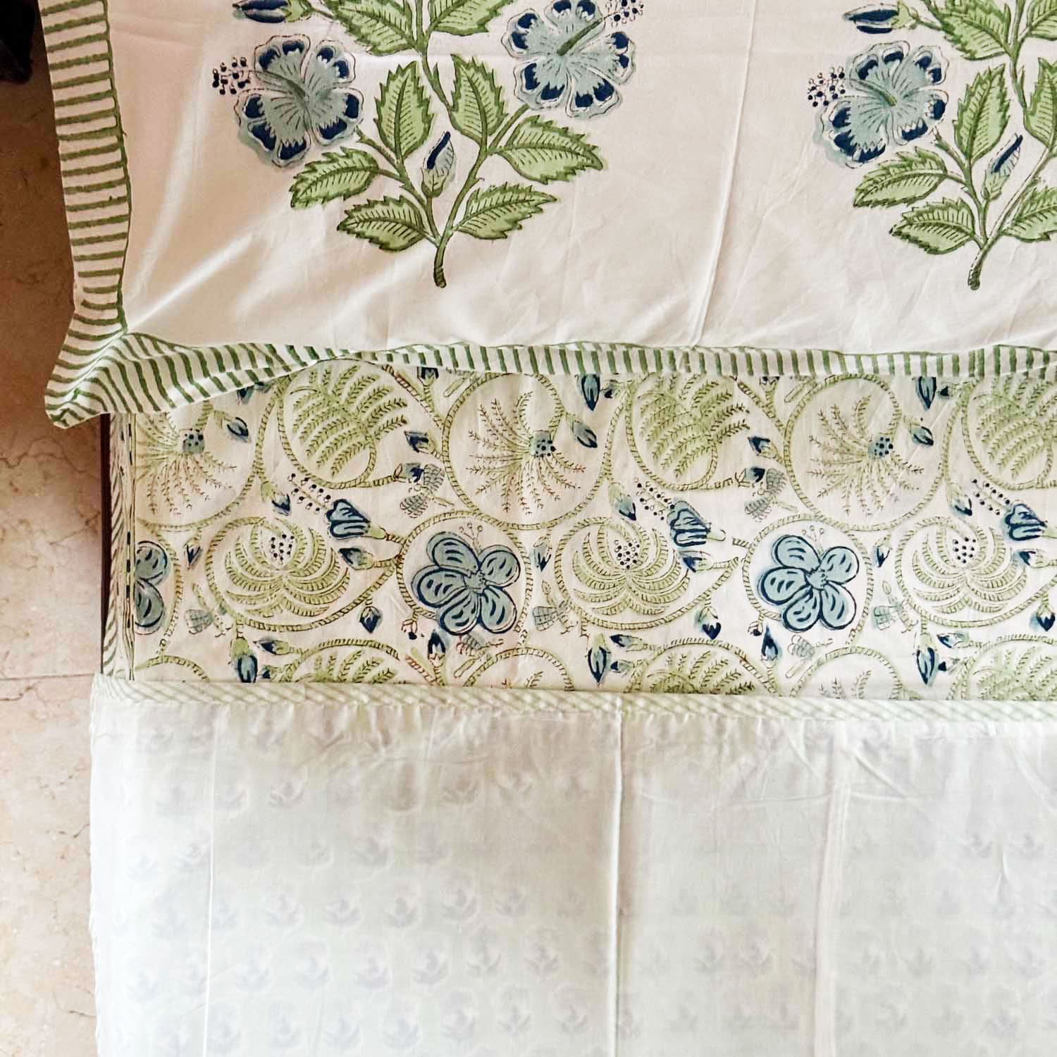 Pastel Green Flower Pattern Cotton Printed 3D Dohar - 100 inches x 110 inches