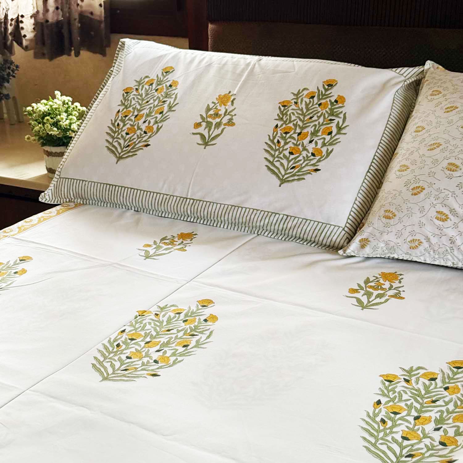 White & Orange Floral Cotton Printed Bedsheet - 100 inches x 110 inches
