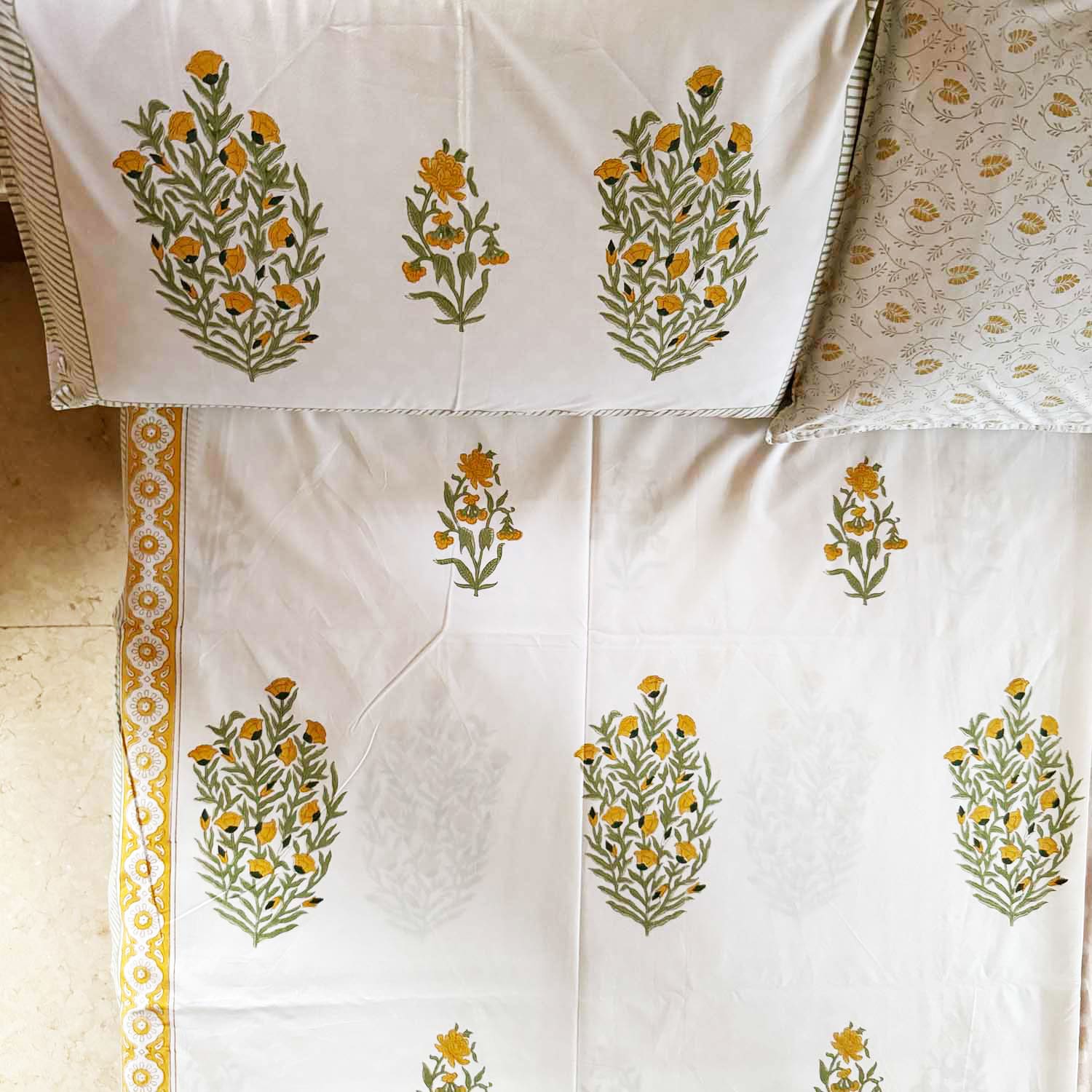 White & Orange Floral Cotton Printed Bedsheet - 100 inches x 110 inches