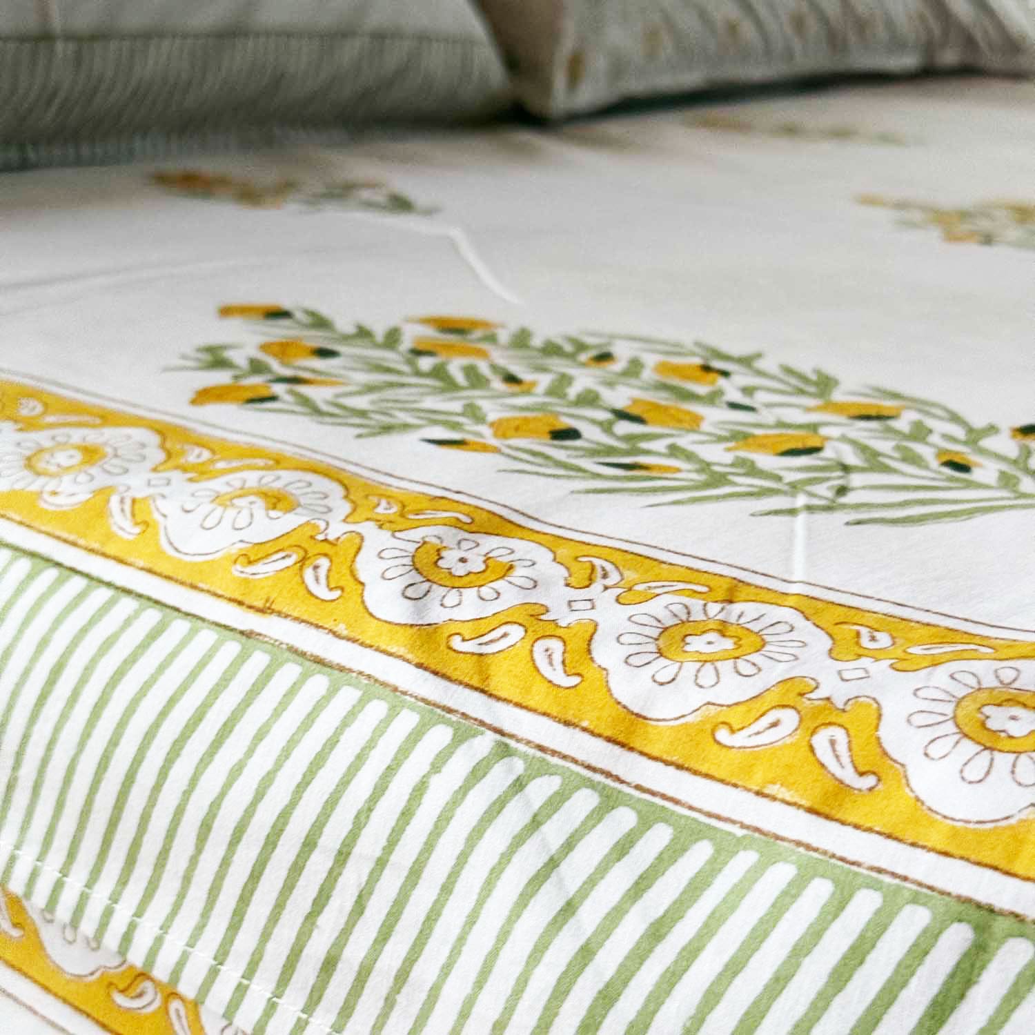 White & Orange Floral Cotton Printed Bedsheet - 100 inches x 110 inches