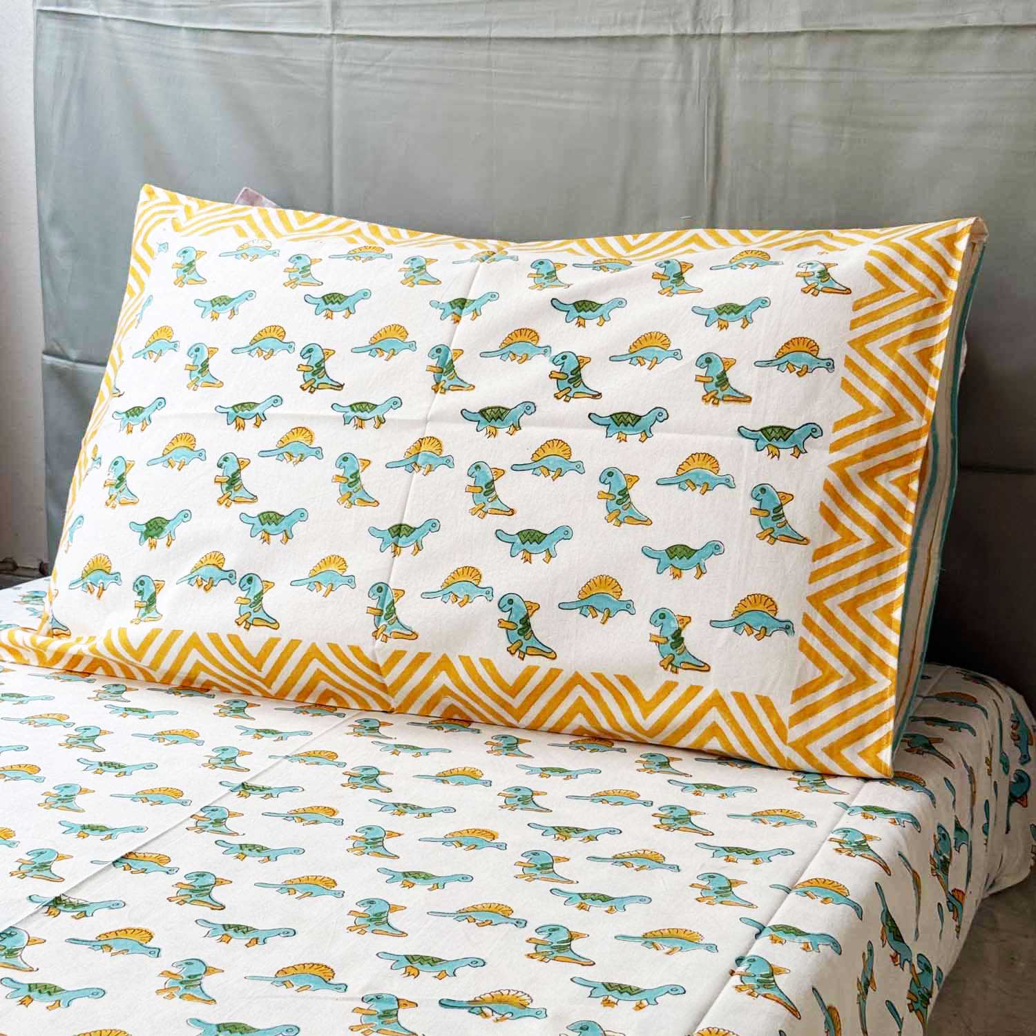 White & Orange Dinosaur Print Kids Single Bedsheet | 60x90 Inches