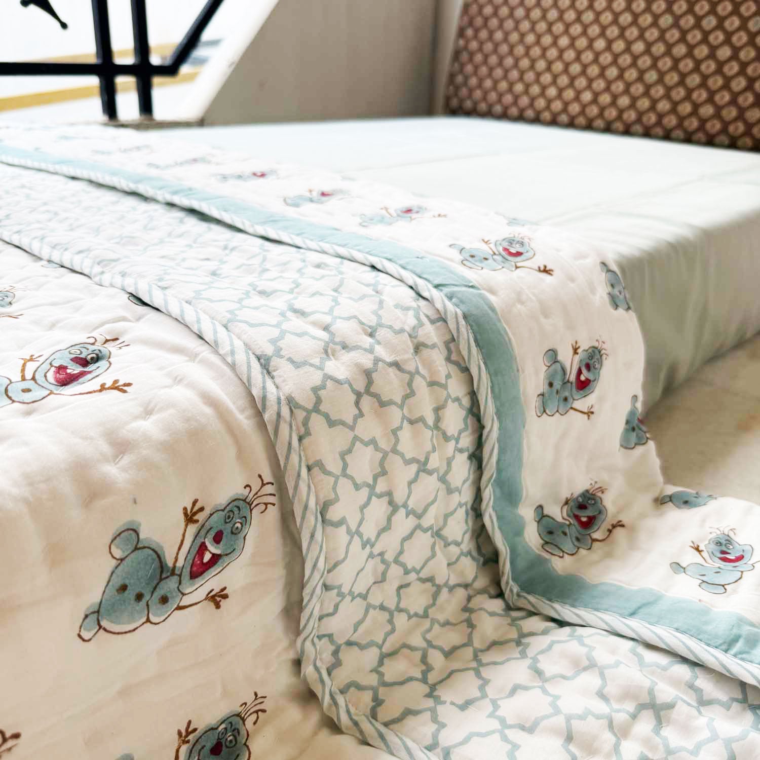 Pastel Blue Snowman Print Kids Single Quilt | Single Sided | 40x60 Inches