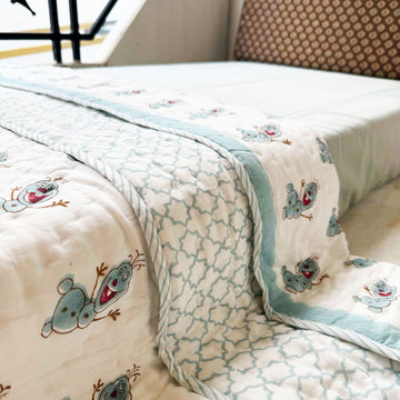 Pastel Blue Snowman Print Kids Single Quilt | Single Sided | 40x60 Inches