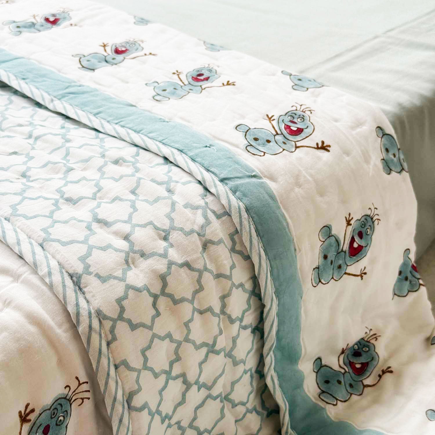 Pastel Blue Snowman Print Kids Single Quilt | Single Sided | 40x60 Inches