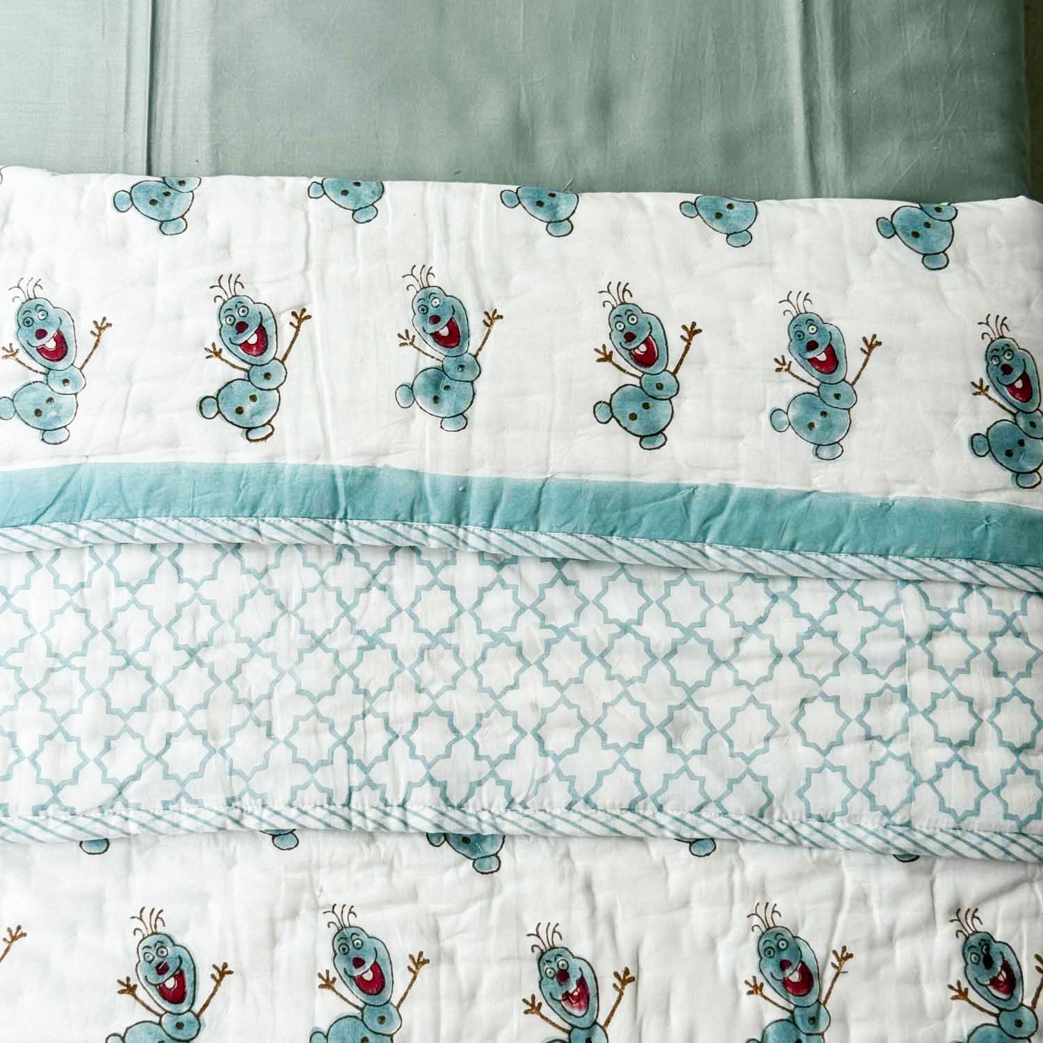 Pastel Blue Snowman Print Kids Single Quilt | Single Sided | 40x60 Inches
