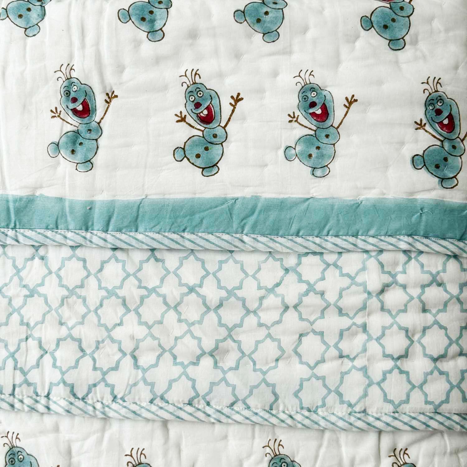 Pastel Blue Snowman Print Kids Single Quilt | Single Sided | 40x60 Inches