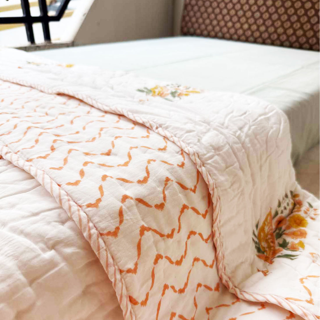White & Orange Floral Printed Cotton Quilt - 60 inches x 90 inches
