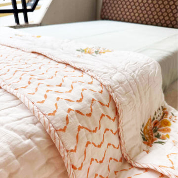 White & Orange Floral Printed Cotton Quilt - 60 inches x 90 inches
