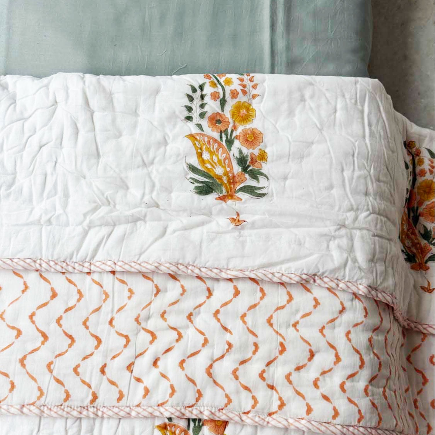 White & Orange Floral Printed Cotton Quilt - 60 inches x 90 inches