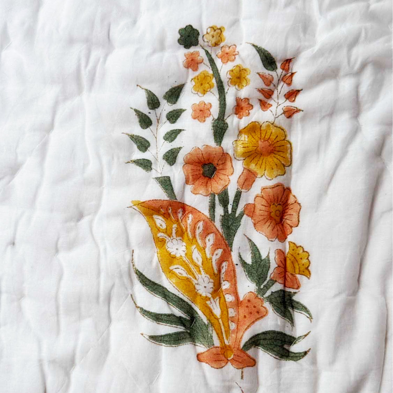 White & Orange Floral Printed Cotton Quilt - 60 inches x 90 inches