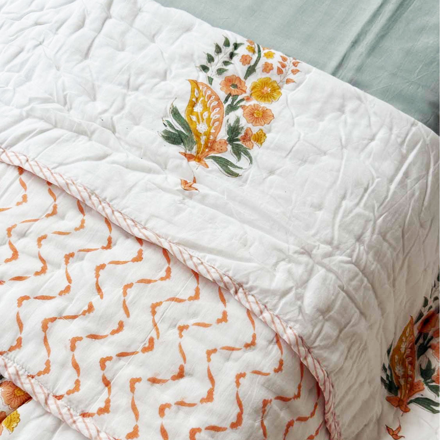 White & Orange Floral Printed Cotton Quilt - 60 inches x 90 inches