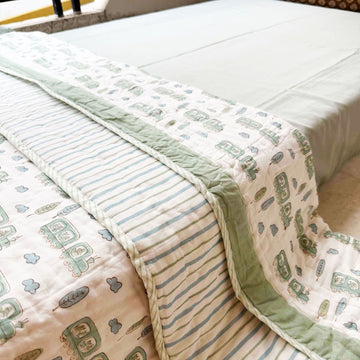 Pastel Green & White Train Print Kids Single Quilt | Single Sided | 40x60 Inches