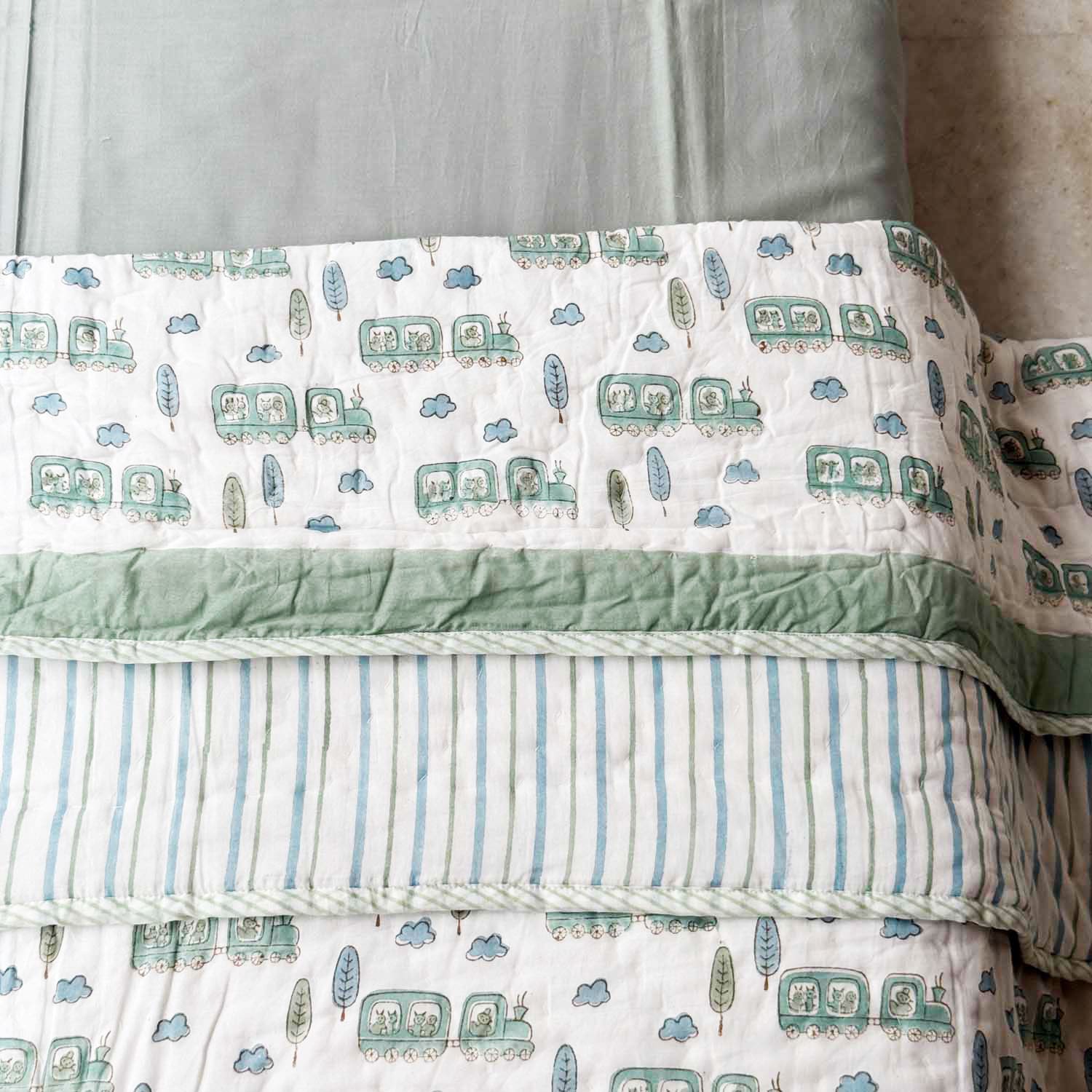 Pastel Green & White Train Print Kids Single Quilt | Single Sided | 40x60 Inches