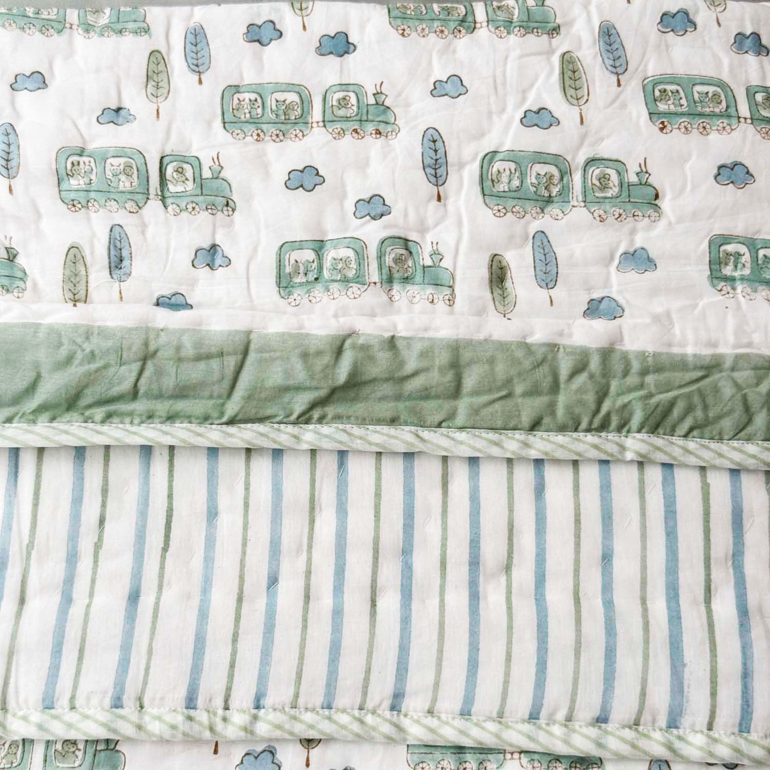 Pastel Green & White Train Print Kids Single Quilt | Single Sided | 40x60 Inches