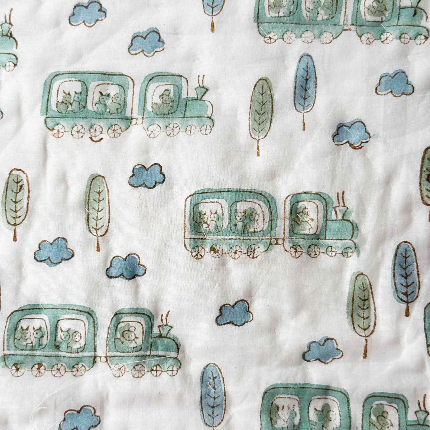 Pastel Green & White Train Print Kids Single Quilt | Single Sided | 40x60 Inches