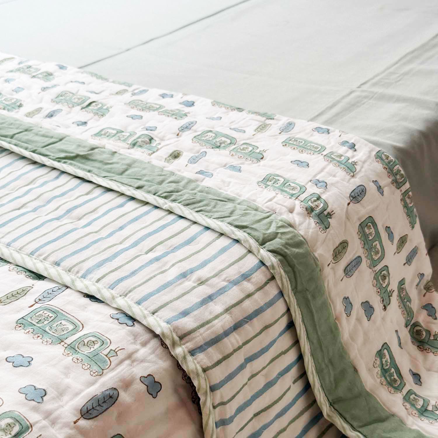 Pastel Green & White Train Print Kids Single Quilt | Single Sided | 40x60 Inches