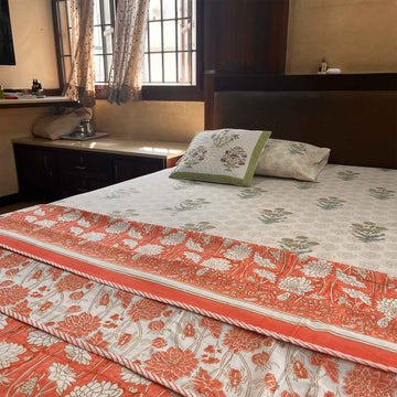 Orange Floral Soft Cotton Printed Doube Bed Dohar- 90 inches x 100 inches