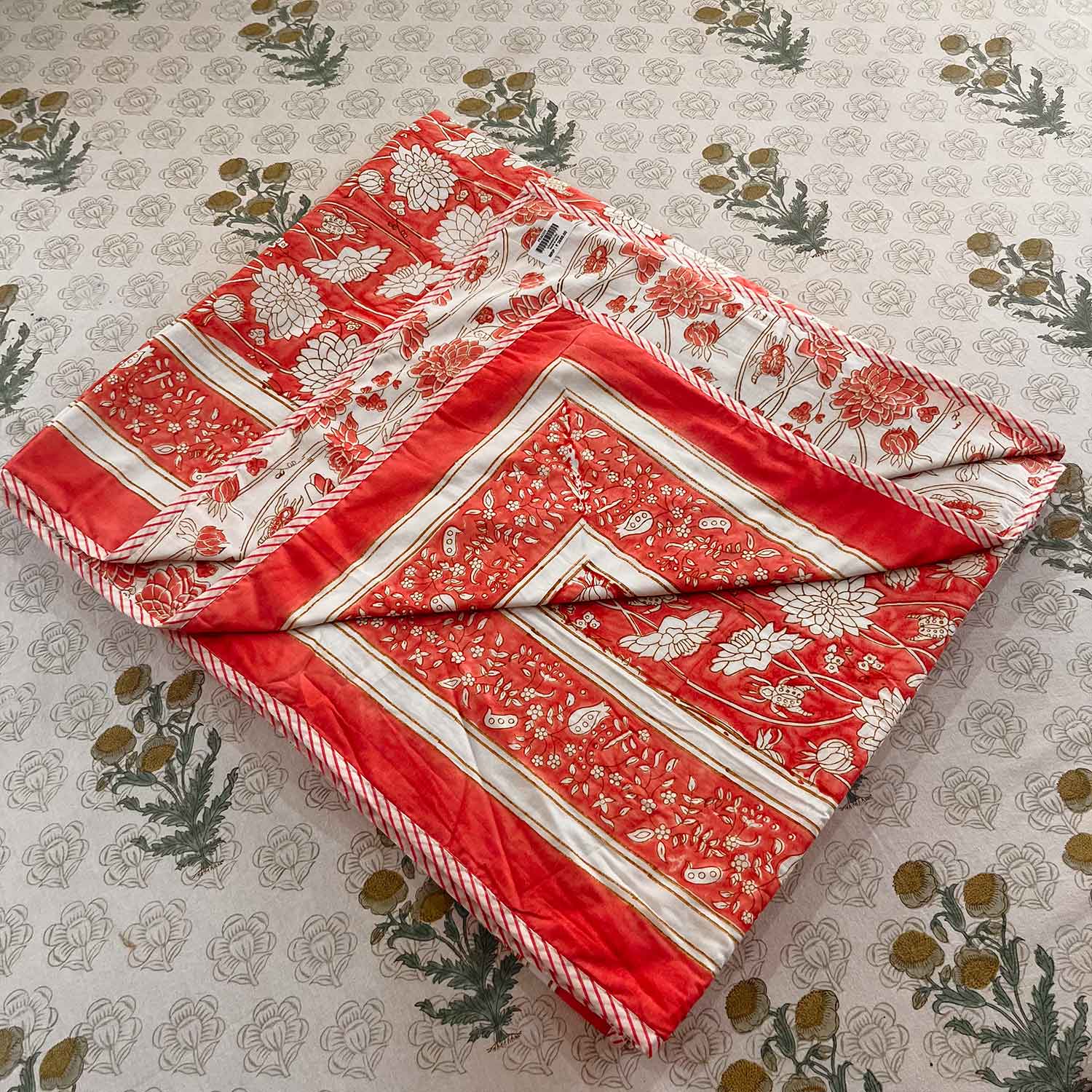 Orange Floral Soft Cotton Printed Doube Bed Dohar- 90 inches x 100 inches