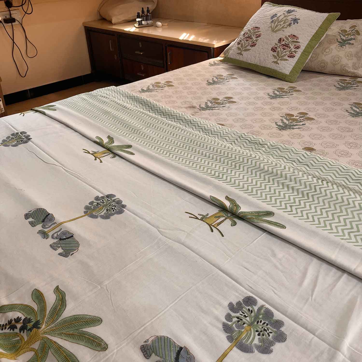 Olive Green & White Soft Cotton Printed Double Dohar - 90 inches x 100 inches