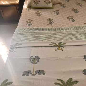 Olive Green & White Soft Cotton Printed Double Dohar - 90 inches x 100 inches