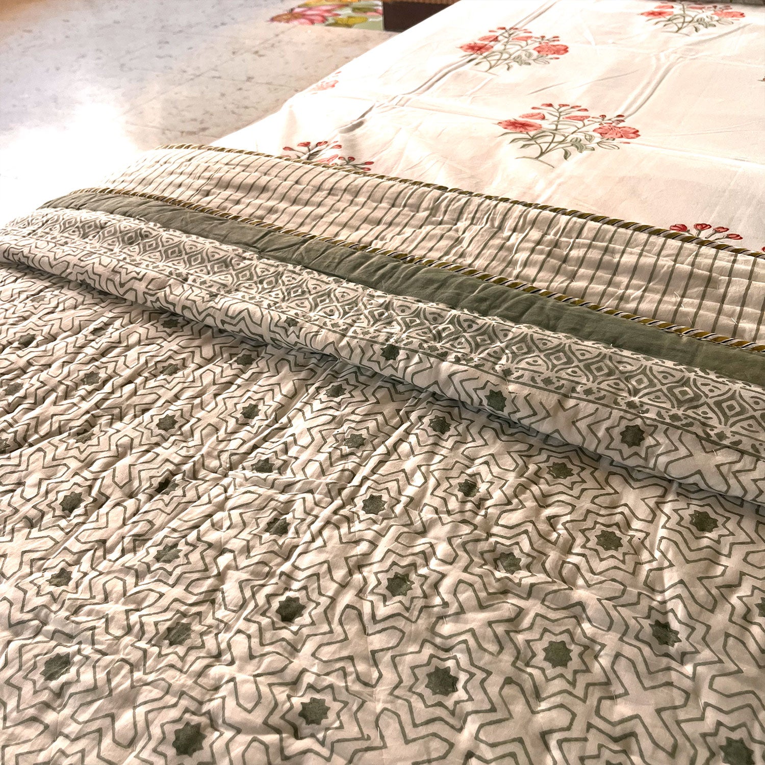 Olive Green Star Flower Soft Cotton Printed Single Bed Quilt  - 60 inches x 90 inches