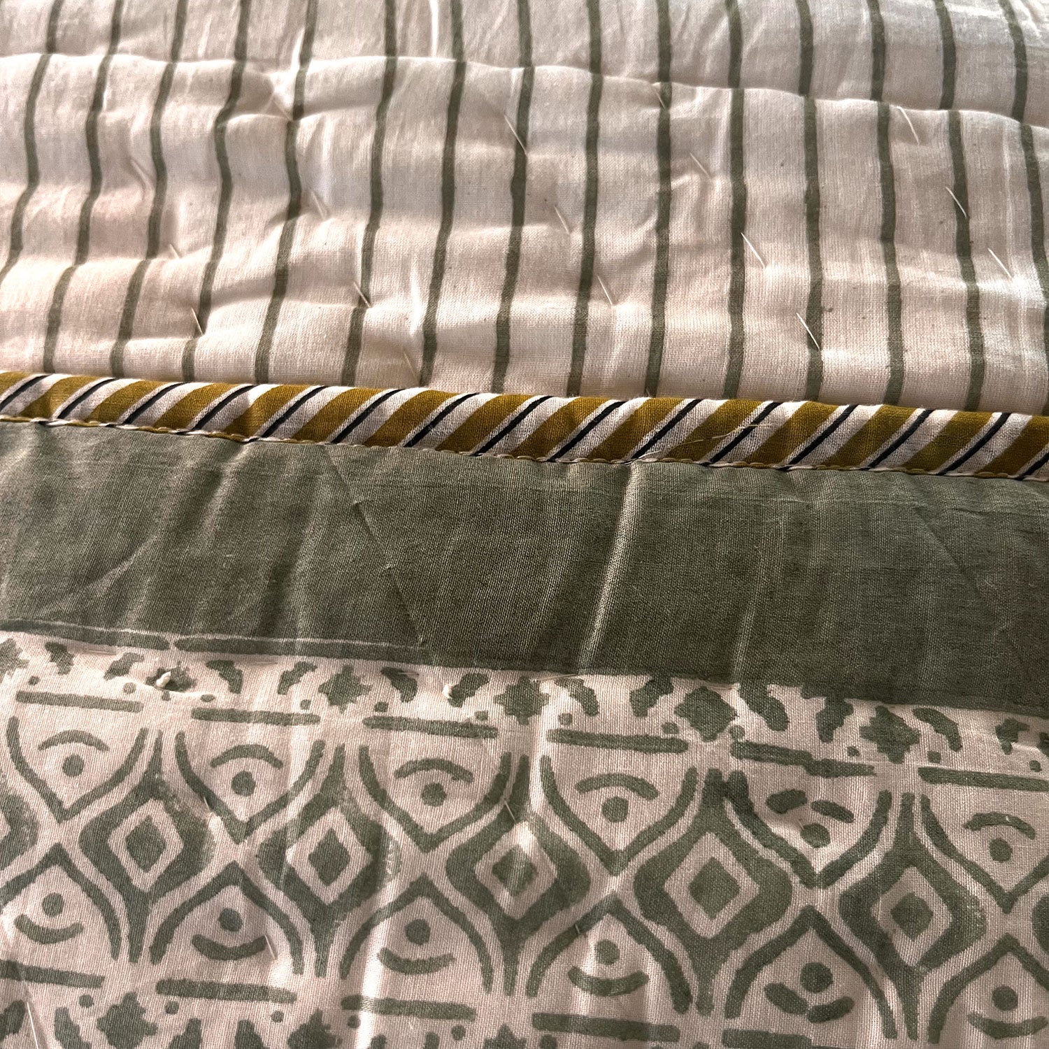 Olive Green Star Flower Soft Cotton Printed Single Bed Quilt  - 60 inches x 90 inches