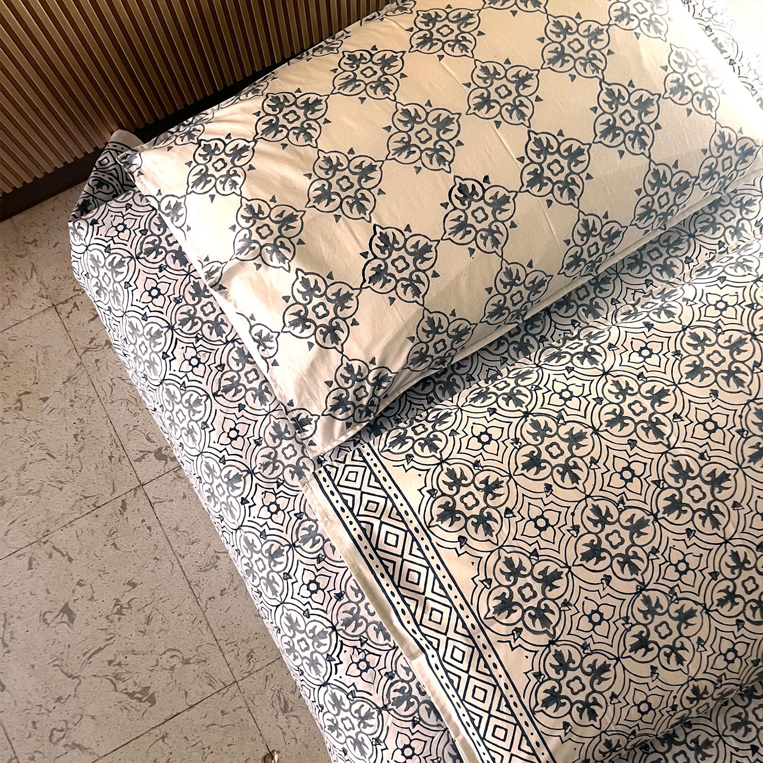 Blue Assyemtrical Foral Soft Cotton Printed Bed Sheet - 100 inches x 110 inches